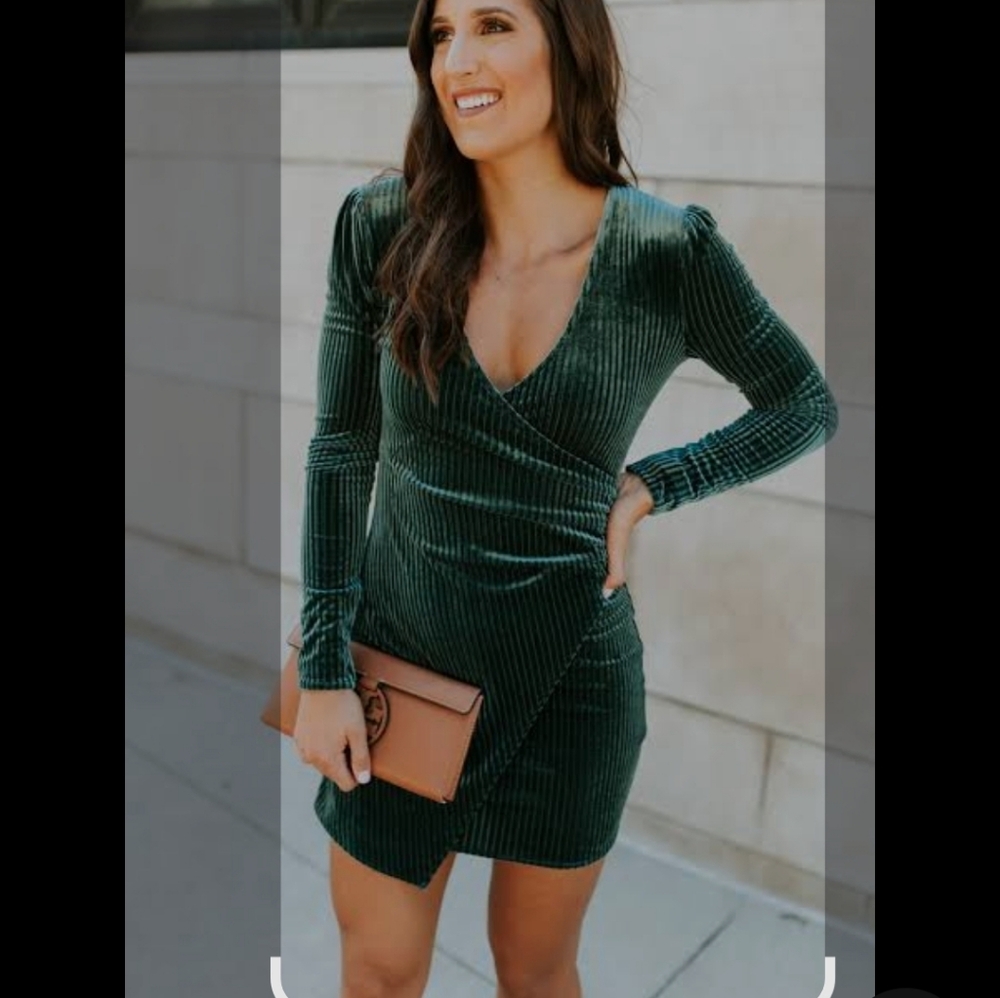 CBR Emerald Green Ribbed Velvet Long Sleeve Wrap Dress